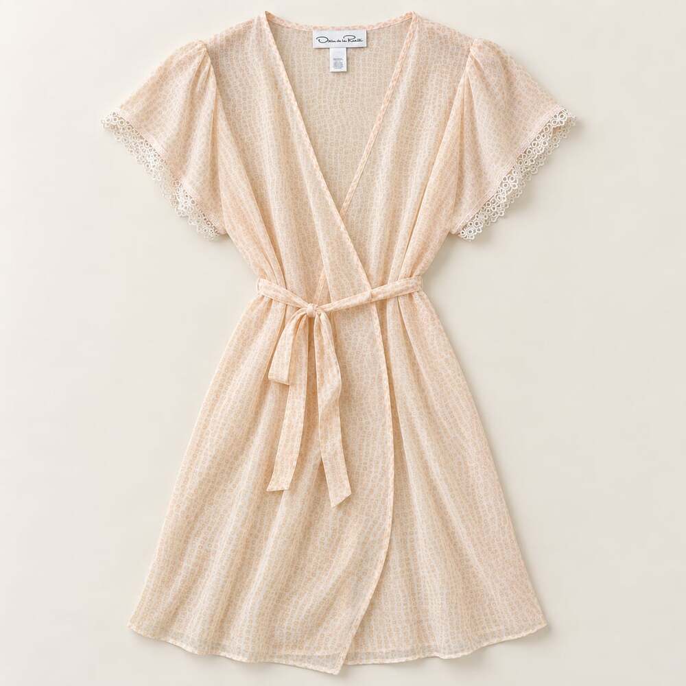 Oscar de la Renta Peach Sheer Robe Lace Trim Hollywood Glamour S